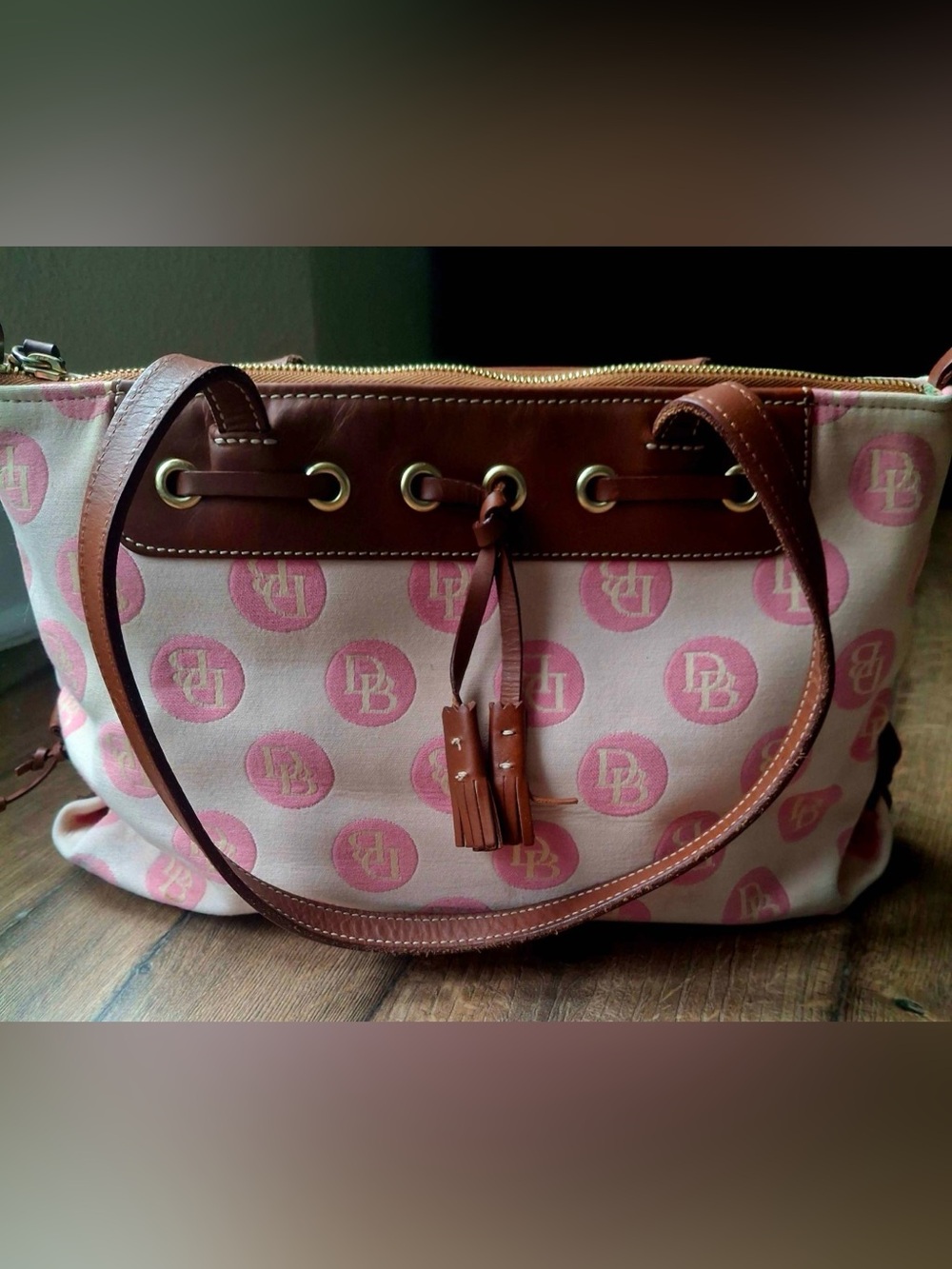 Dooney & Bourke Pink Logo Canvas Tote with Brown Leather Accents